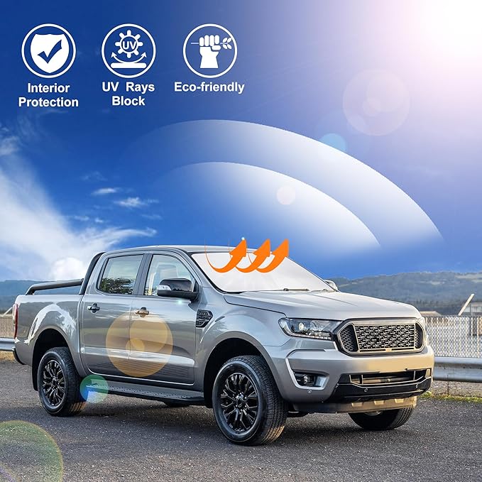 Windshield Sun Shade Compatible with 2019-2024 2025 2026 Ford Ranger Accessories Custom Fit Sunshade Sun Visor Heat Protection Keep Car Interior Cool