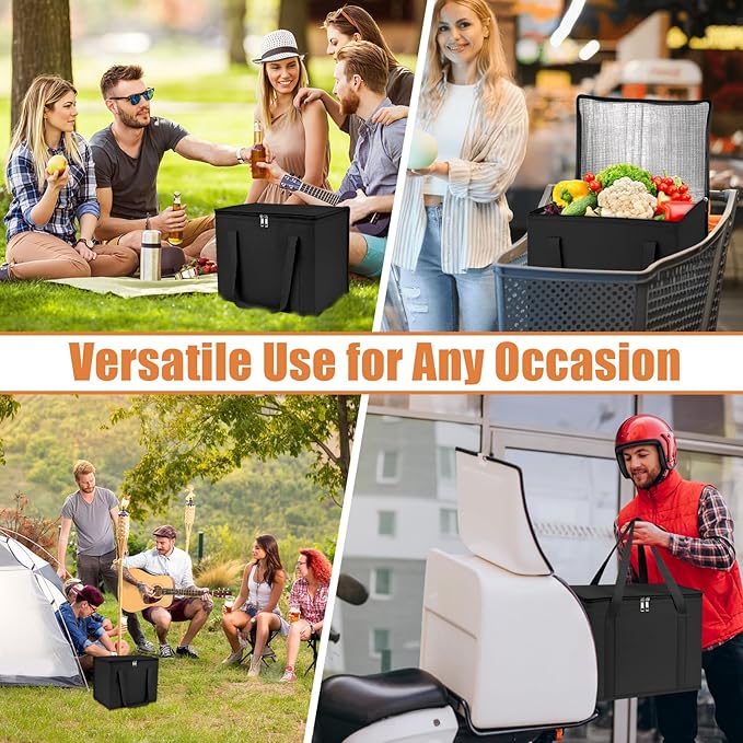 PEASUG 2 Pack Insulated Bags for Food Delivery, XL Pizza Delivery Bags, Large Capacity Cooler Bag Keep Food Warm for Grocery Shopping and Catering, Foldable, Heavy-Duty (Black)