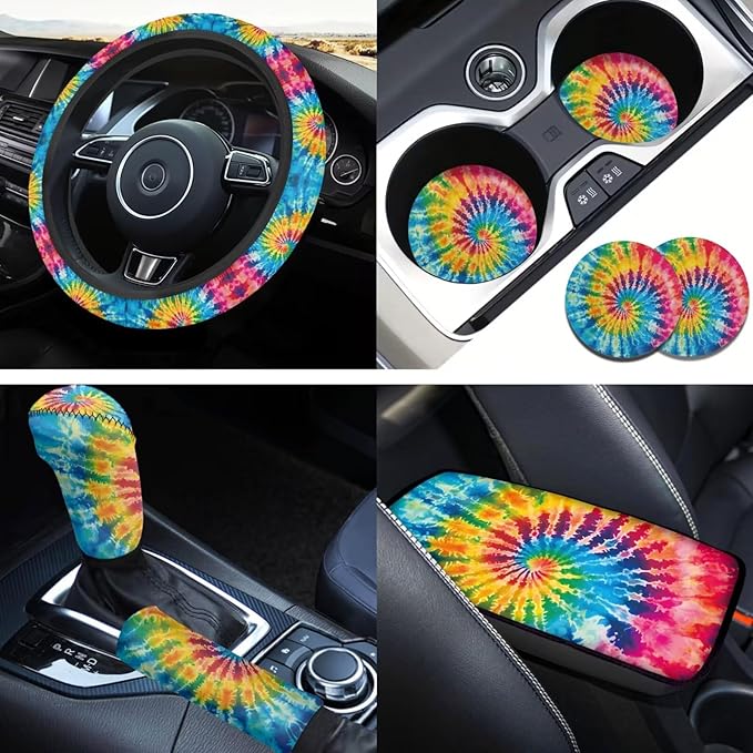 Blue Tie Dye 6pcs Car Interior Accessories Protector Set Car Steering Wheel Cover for Women Cup Coaster Handbrake Gear Cover Suit for Most Cars Truck Vans SUV