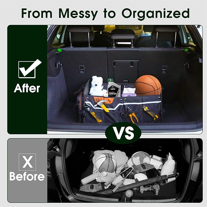 SugarFox Car Trunk Organizer for SUV, 70L Heavy Duty Waterproof Trunk Organizer, Foldable Vehicle Organizer with Anti-Slip Base, 24”x13.8”x11.8”, BLACK-M003