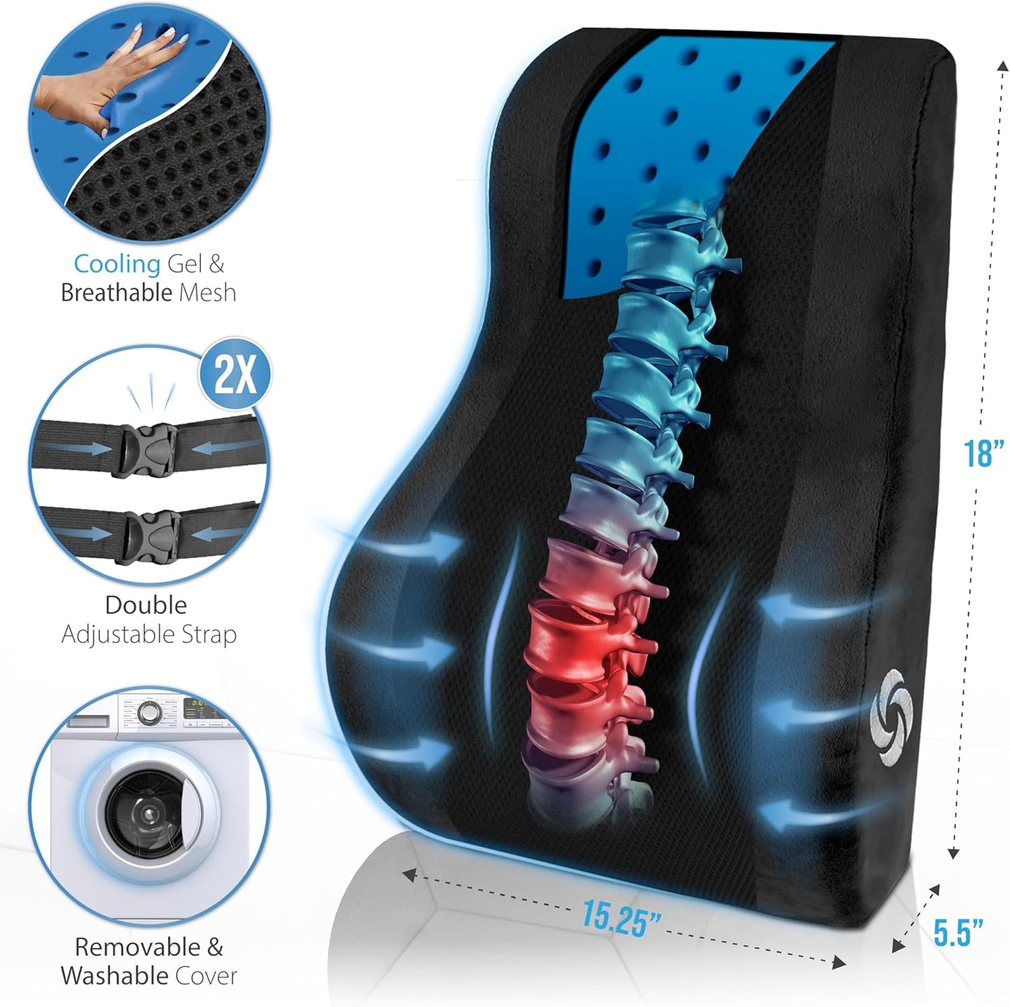 Samsonite Lumbar Support Pillow Mid and Lower Back with Cooling β Office Chair Back Cushion, Gaming Chair, Desk Chair, Car Seat Lumbar, Work from Home Office Accessories, Black with Cooling