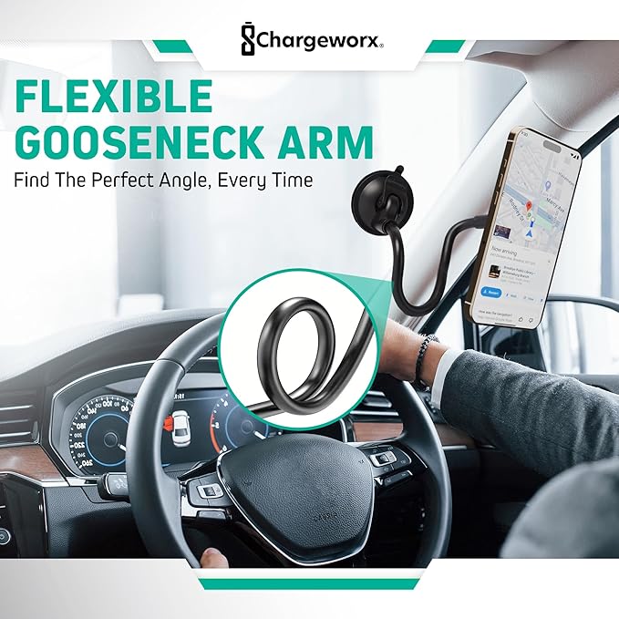 CHARGEWORX Magnetic Phone Stand Mount for Car Windshield – 14-Inch Flexible Gooseneck Holder with Strong Suction Cup & 360° Rotation, Magsafe iPhone & Android Compatible Car Holder Accessory