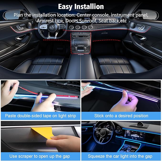 118" Acrylic Interior Car Lights, 0.08in Ultra-Thin Thickness Ambient Lighting Kits with Smart APP, RGB 2 in 1 USB Powered Car LED Strip Light Music Sync Neon Strip for Vehicle (2 * 59in)