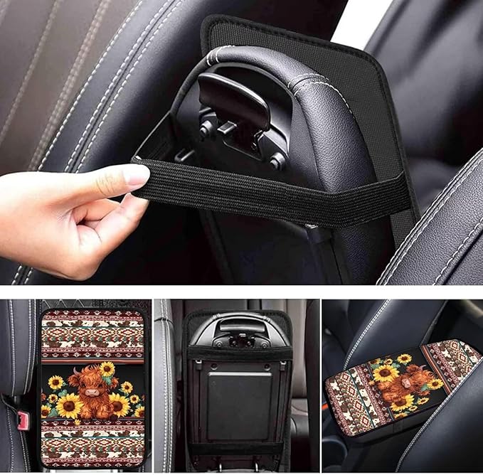 UNICEU Western Highland Cow Car Center Console Armrest Cover Pad Sunflower Armrest Cushion Universal Fit Most Vehicle,SUV,Truck,Car Seat Box Lid Cover Interior Decoration Accessories