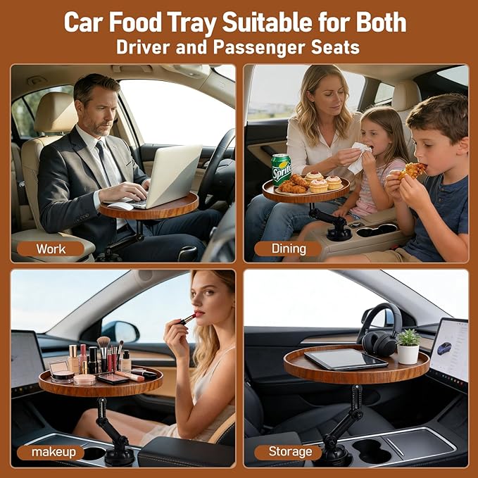 Car Food Cup Holder Tray - 360° Rotating Car Table and Car Seat Tray, Detachable Wooden Car Desk for Laptop and Food Tray, Compatible with Tesla Model Y/3/S, Ford F150/Explorer (Brown, 9.45")