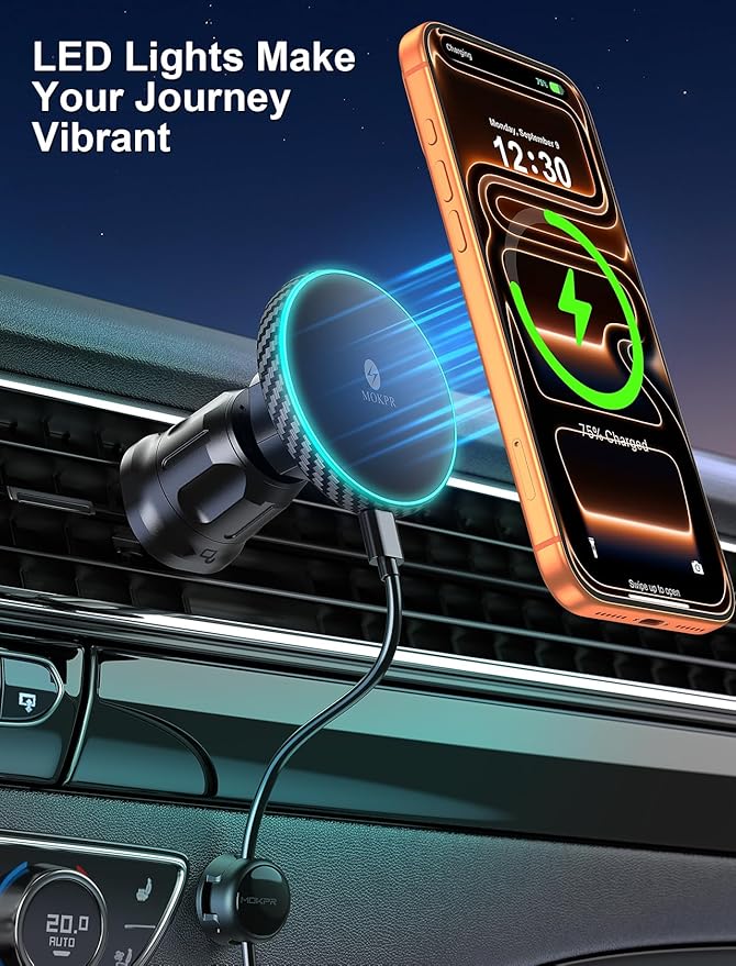 MOKPR for iPhone Magsafe Car Mount Charger, Wireless Car Charger Magnetic Car Phone Holder for Dash Air Vent-LED HandsFree Car Mount Fast Car Charger for iPhone 17/16/15/14/13/12 Carbon Firber