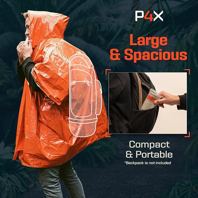 PREPARED4X Emergency Mylar Poncho – Survival Rain Poncho with Hood – Lightweight, Compact, Reusable Emergency Blanket Poncho for Hiking, Camping, Thermal Gear, Car Kit, Outdoors