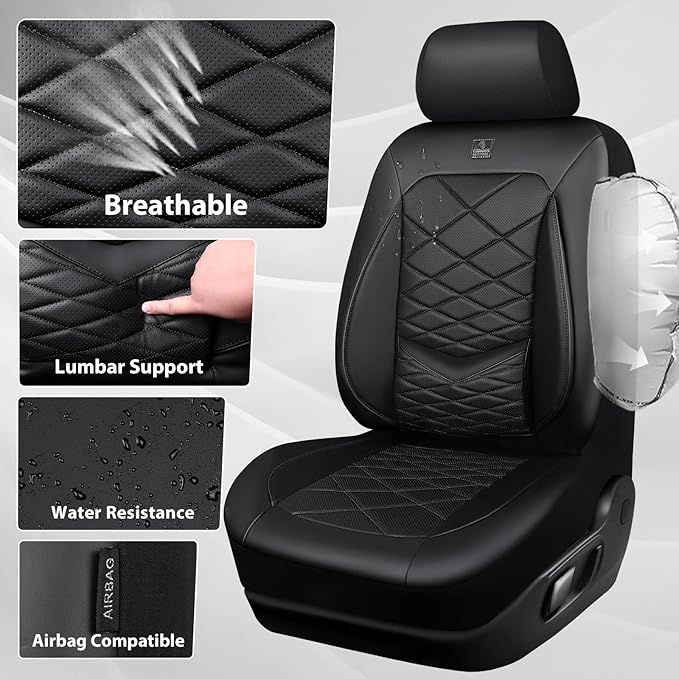 CAR PASS Luxury Nappa Leather Seat Covers Full Set, Water Resistant Faux Leather Seat Covers with Lumbar Support, Comfortable Automotive Seat Covers Universal Fit for SUV Sedan Van Truck, Solid Black