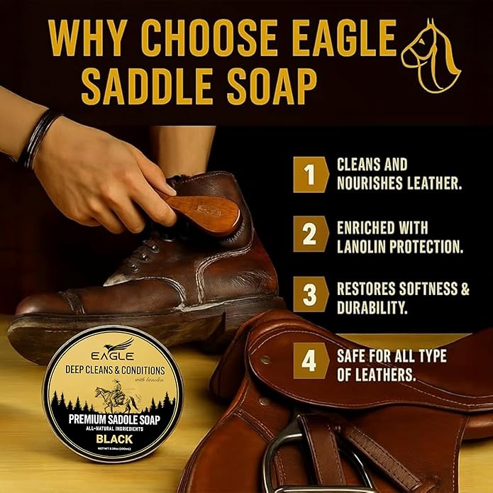 Black Saddle Soap for Leather – 3-Piece Saddle Soap Kit for Leather Cleaning, Boots, Tack, and Saddles – Includes Applicator and Cloth – Leather Soap and Conditioner for Leather Boots and Tack Care
