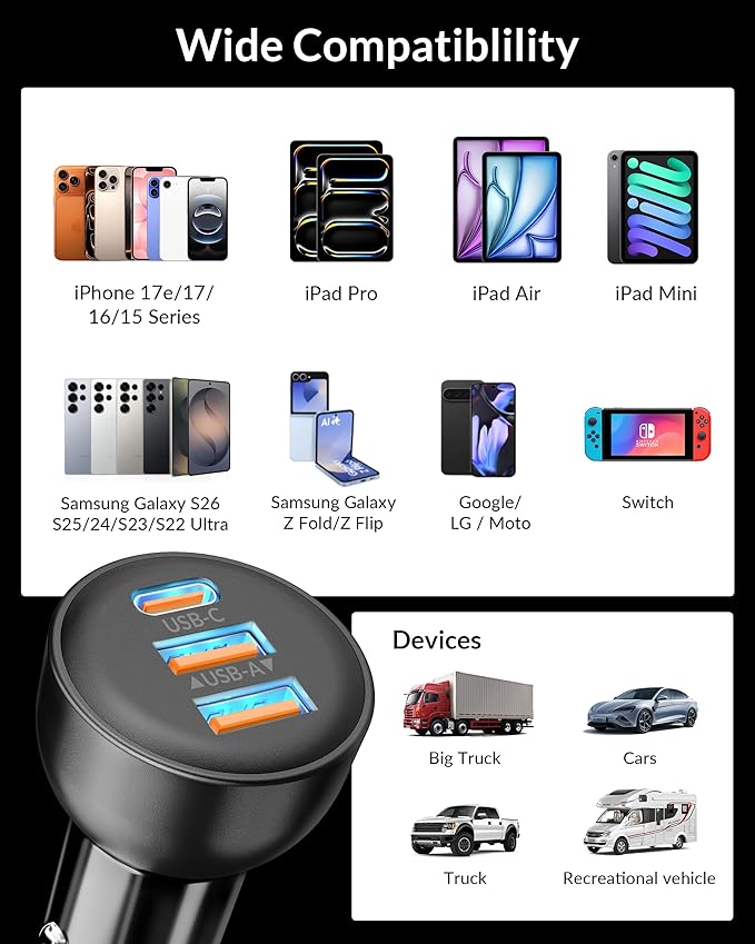 iPhone 17e 17 16 15 Pro Max Car Charger Fast Charging, 70W 3-Port USB C Car Charger Cigarette Lighter Adapter Accessories & 3FT USB C Cable for iPhone 17e/17/17 Pro Max/Air/16/16e/15 Pro/Plus, iPad