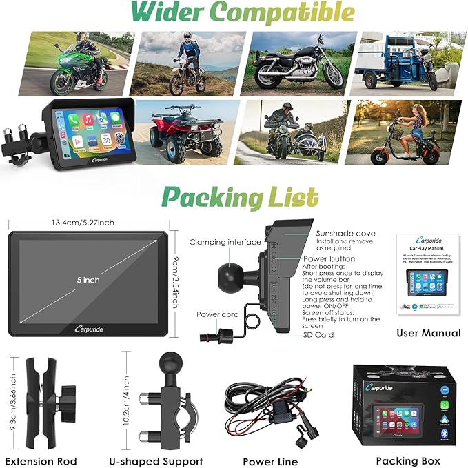 Carpuride W502 Motorcycle GPS Wireless Portable Carplay/Android Auto Waterproof Car Stereo, 5" IPS Touch Screen with Dual Bluetooth, Navigation/Siri/G00gle Assistant for Motorbike