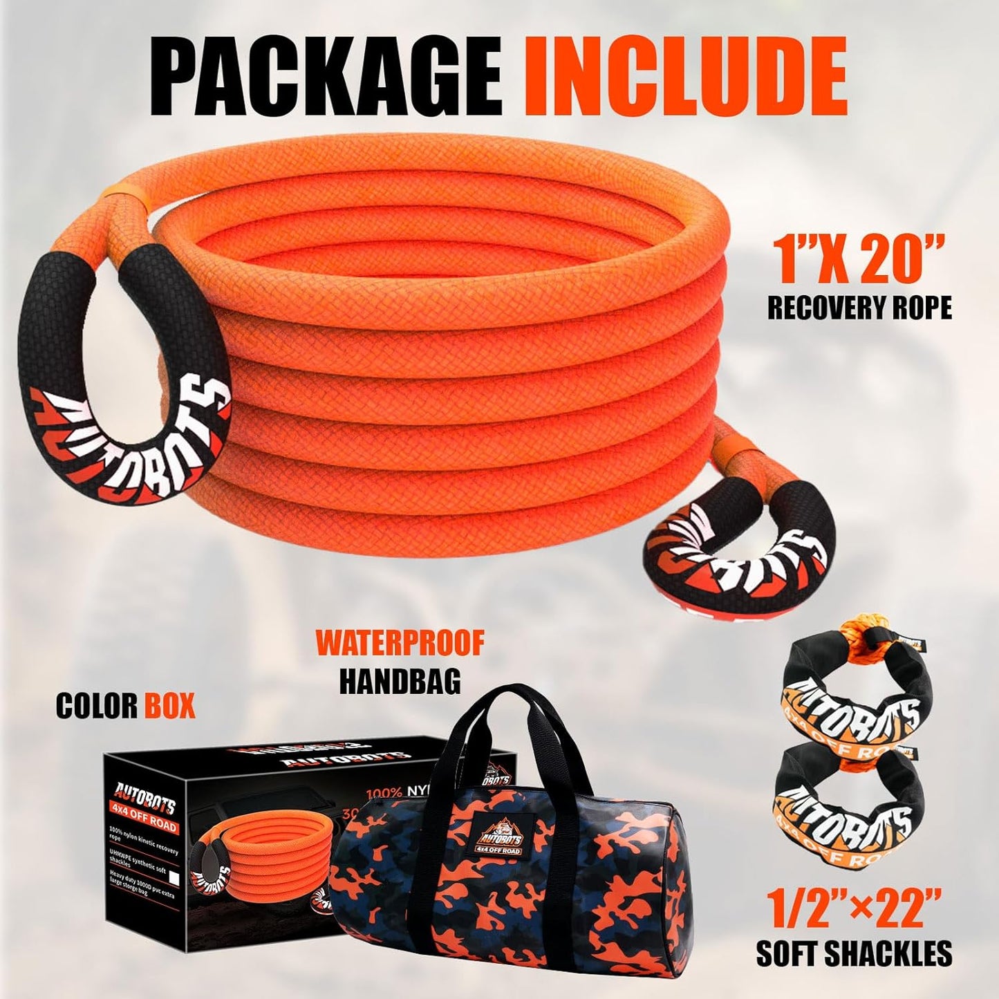 AUTOBOTS Kinetic Recovery Rope 1" x 20'(48,600lbs)+2 Soft Shackles,Heavy Duty Tow Rope Tow Strap for Truck ATV UTV SUV Car,Offroad Recovery Kit