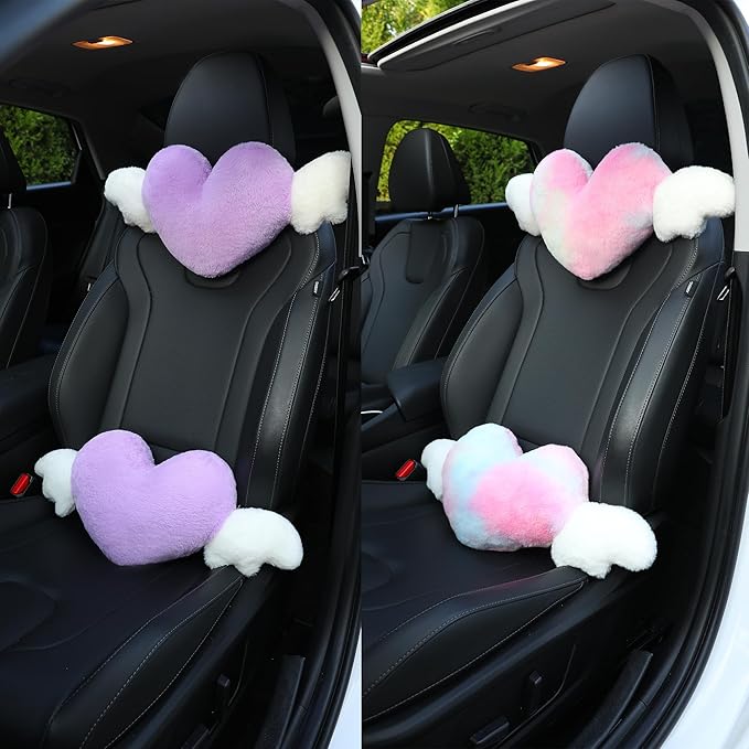 2 Pack Heart Shaped Cute Car Headrest Pillow with Angel Wings - Comfortable Soft Head Rest Cushion Kawaii Car Accessories Neck Pillow for Driving Travelling Office Home Decor - Light Blue Love Heart