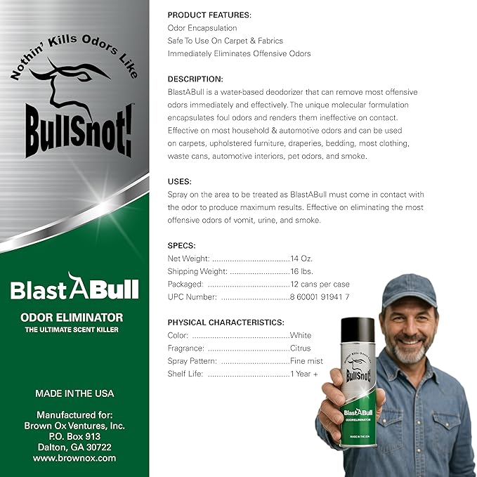 BullSnot BlastABull Odor Eliminator – Powerful Car & Home Smell Neutralizer. Eliminates Pet, Food, Tobacco, and Mold Odors. Safe for Carpets, Upholstery, Fabrics. Made in the USA.