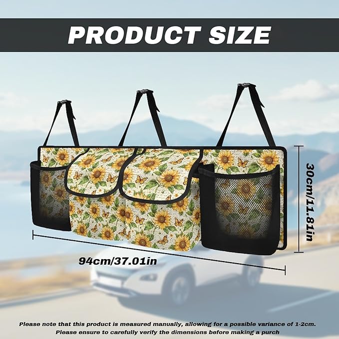 Sunflower Back Trunk Seat Organizer for SUV, Sedan, Van, Oxford Cloth, Equipped with Robust Elastic Net, Hanging Car Storage Organizer with Lids, Easy to Clean & Install In All Vehicles