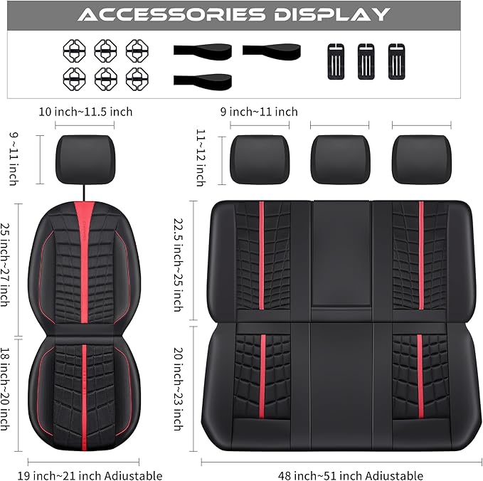 CAR PASS Leather Mesh Car Seat Covers Full Set, 3D Foam Breathable Luxury Mesh Leather Seat Covers Full Set, Universal Fit for Cars Trucks SUV, Airbag Compatible, Anti Slip Seats 5 Black Red