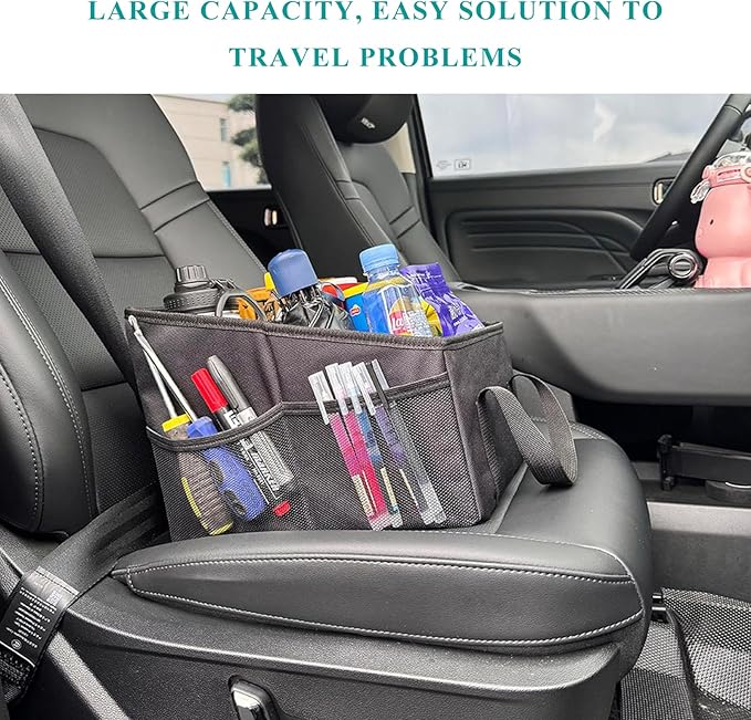 Car Seat Organizer, Collapsible Passenger Seat Organizer with Detachable Divider & Handle, Multiple-Pocket Car Storage Organization for Console Floor Front or Back Seats (Black)