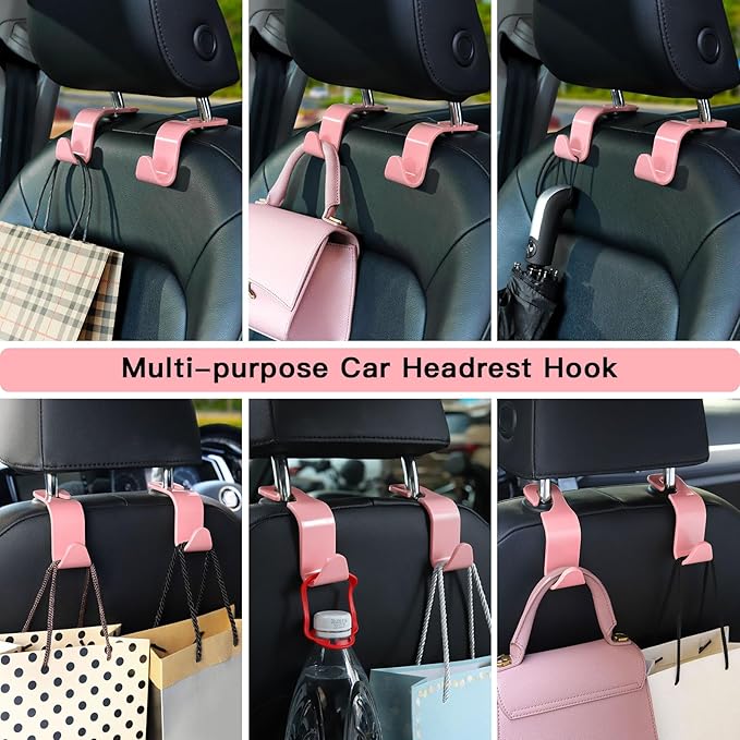 Soleebee 4 Pack Car Seat Hooks - Universal Auto Hooks, Back Seat Hangers, Storage Organizer (Pink)