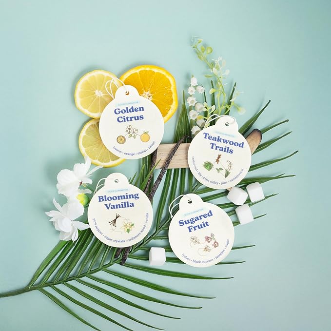 Happy Wax Odor Eliminating Car Charms 4-Pack - Includes: Blooming Vanilla, Golden Citrus, Sugared Fruit, Teakwood Trails