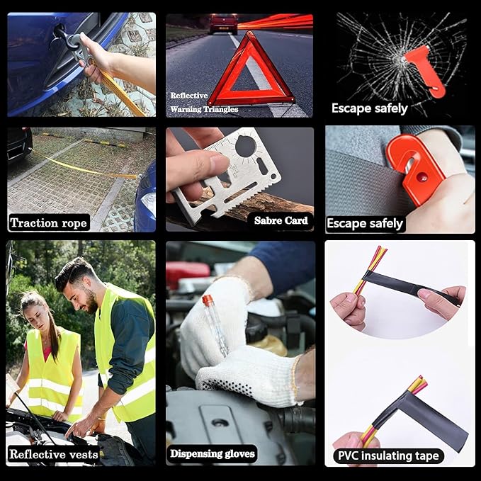 Emergency Roadside Kit for Car,Emergency Kits for Vehicles,Jumper Cables headlamps car Glasses Holder,Roadside Emergency Kit Women Men
