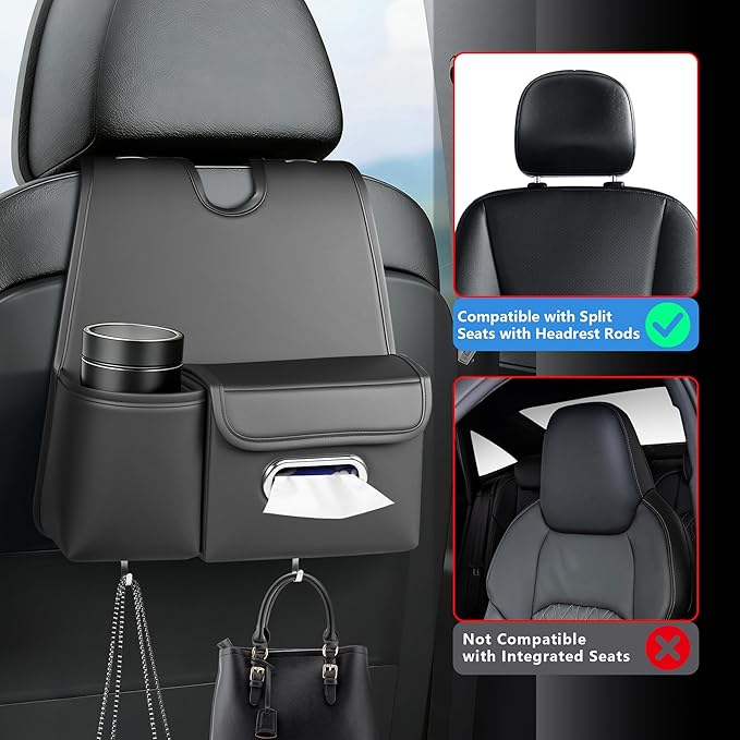 Upgrade Seat Back Organizer for Car – PU Leather Multi-Pocket Hanging Storage Bag with Bottle Holder & Travel Tidy Pouch Pocket Kids, Tissue Holder Large-Capacity Backseat Organizer , Black 1PC