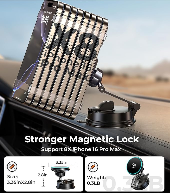 Certified Qi2 Car Phone Mount Charger for MagSafe, 360° Adjustable & Folding Arm, Universal Dashboard Windshield Mirror Screen Magnetic Holder for Tesla Model 3/Y Accessories & iPhone 17/16/15 Pro Max