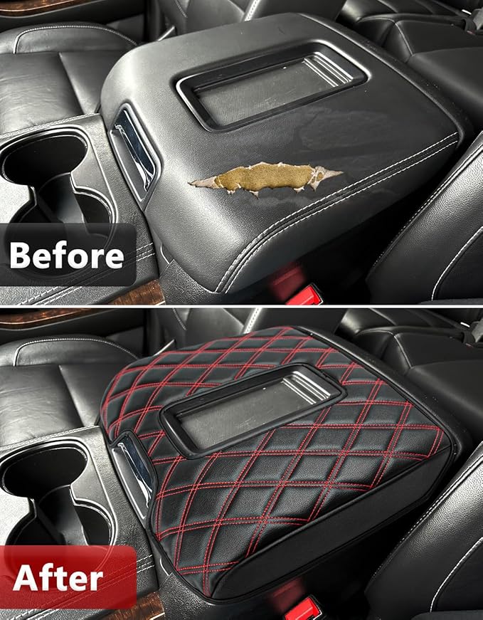 KBH Center Console Armrest Cover for Chevy Silverado & GMC Sierra 1500 2500 3500 2014-2018, Tahoe Suburban Yukon 2015-2020, Bucket Seat Console, Vinyl Leather, Black-Red Double Stitch