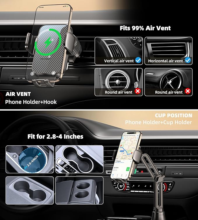 Dual Coil 15W Cup Phone Holder Mount,Wireless Car Charger Auto-Clamping Fast Charging Vent Phone Holders for Your Car for iPhone 17/17Pro/17Pro Max/16/15/14/13,Samsung Flip S25 S24 S23 S22 Ultra