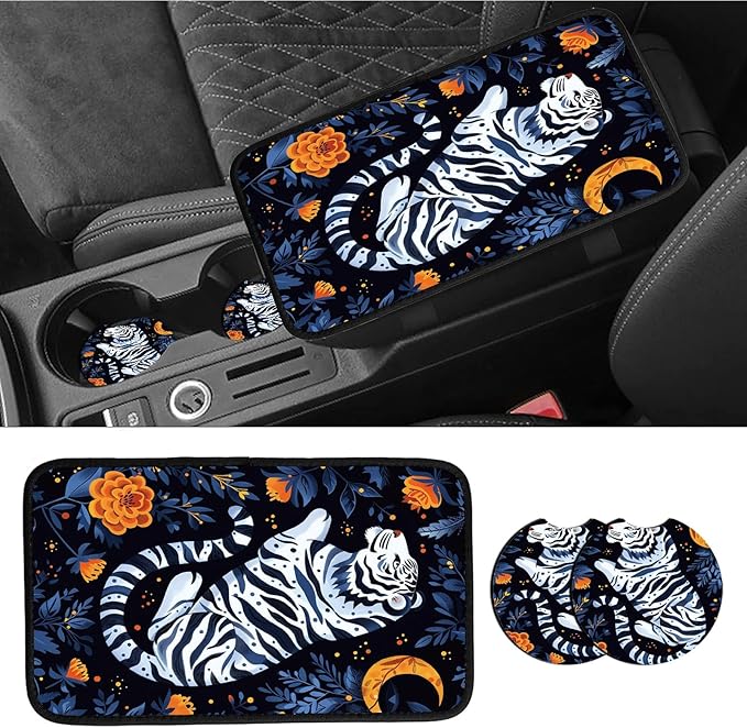 Car Armrest Cover Pads Universal Fashion Cute Auto Center Console Armrest Cover Pad with 2PCS Car Coasters Soft Waterproof Car Armrest Seat Protector for Women, Tiger Moon