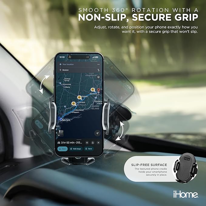 iHome Car Mount, Dashboard/Windshield/Vent Mount, Swivel Neck, Silicone Grip, Adjustable Mount Arm with Suction Cup Base (Gooseneck Car Mount)