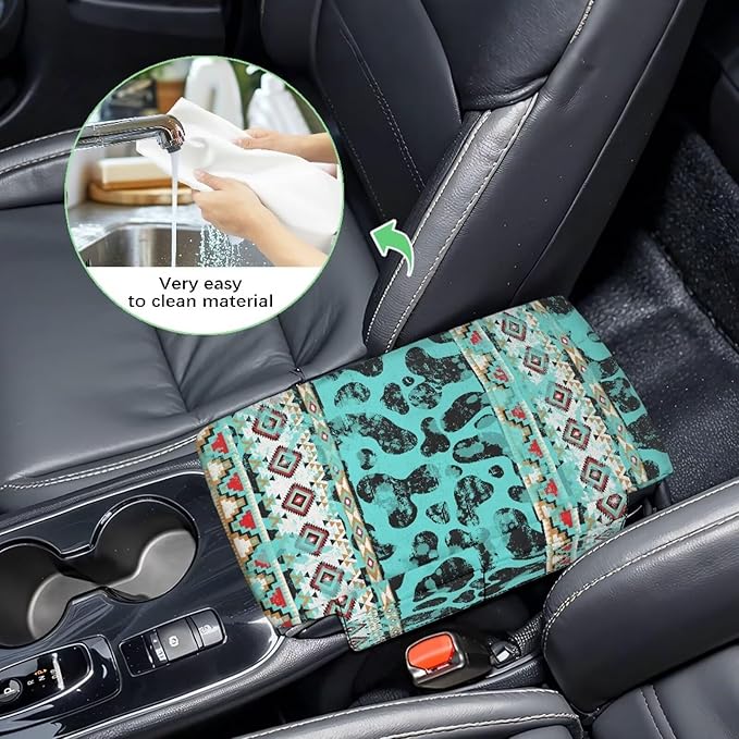 Wanyint Aztec Cow Print Teal Auto Center Console Armrest Cover Arm Rest Seat Box Protective Cover with Side Storage Pockets Comfortable Middle Console Pad for Car Side Storage Box