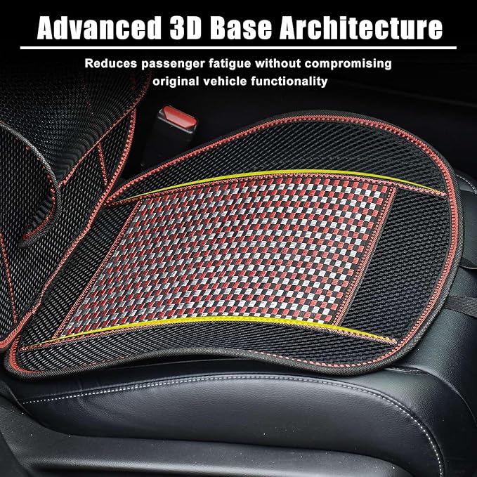 JSCARLIFE Breathable Car Seat Cushion, Summer Cooling Bamboo Single Seat Pad with 3D Lumbar Support - Airbag Compatible Driver Seat Mat for Long Drive Fatigue Relief