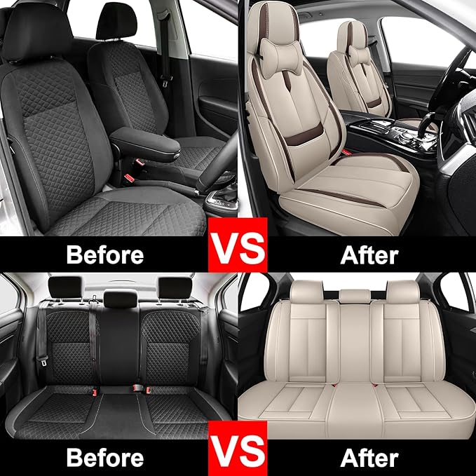 Fit for 98% of Mercedes Benz Car Seat Covers with Headrests, Premium Nappa Leather Seat Cover, Fully Wrapped Protect Modern Style Seat Cover (5-Seat Luxury, Beige & Brown)