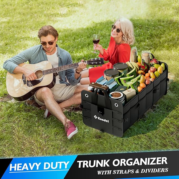 K KNODEL Car Trunk Organizer, Foldable Cover, Heavy Duty Collapsible Truck Storage Organizer, Car Cargo Trunk Organizer with Lid, 3 Compartments, with Straps (Black)