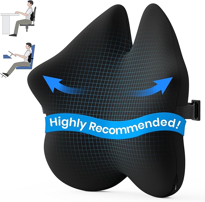Benazcap Lumbar Pillow, Back Support for Office Chair, Car Seat, Sofa, Travel, Ergonomic Multi-Region Memory Foam & Adjustable Straps, Lower Back Pain Relief and Improved Posture Effectively, Black
