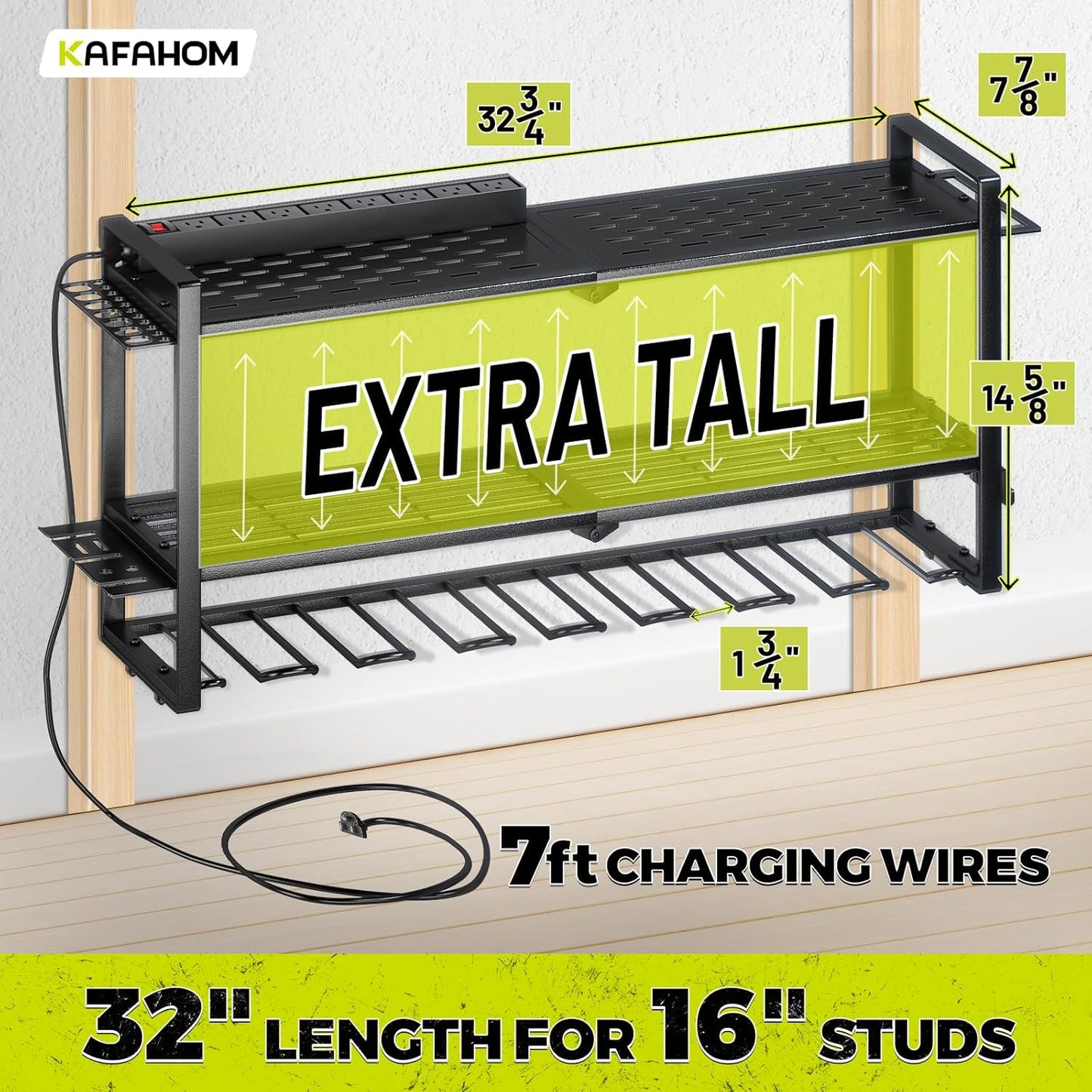 KAFAHOM Power Tool Organizer with Charging Station. 8 Drill Holder 3 Layers Tool Storage Shelf Wall Mount Built in 8 Outlet Power Strip.Tool Battery Holder with Screwdriver/Hammer