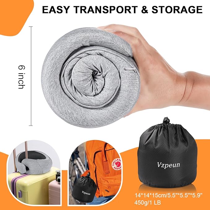 Travel Pillow - Hooded Neck Pillow Airplane Memory Foam Filling for Plane, Cars Sleeping, Road Trip, Long Flights, Airplane Travel Essentials, Includes Eye Mask & Earplugs (Light Gray)