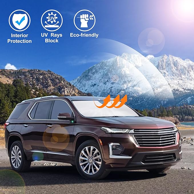 Windshield Sun Shade Custom Fit for 2018-2023 Chevrolet/Chevy Traverse Accessories Foldable Sunshade Sun Blocker Protect Car from Sun Rays & Heat Damage Keep Car Cooler