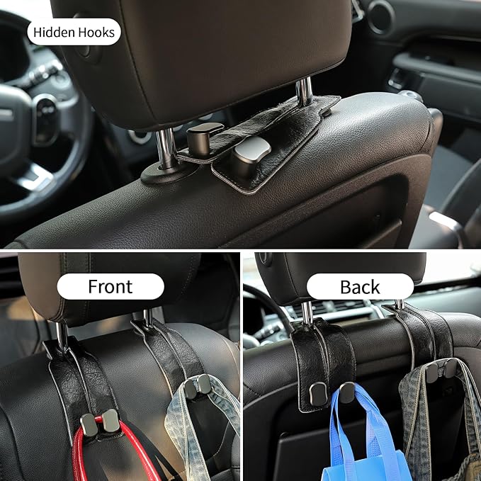 KINIVA Car Seat Headrest Storage Hooks, Set of 2, Suede PU Leather, Double Hooks (06-Black)