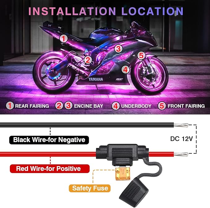 8PCS Segmented Motorcycle RGB LED Light Kits with APP/RF Remote, Multicolor Underglow Lights with Brake Turn Signal, 12V Waterproof Strip for Sport Bike, Cruiser, Street & Dirt Motorcycle