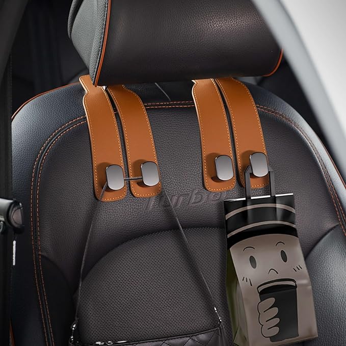 Genuine Leather Car Purse Hook - Flexible Car Seat Back Storage Hook for Purses and Bags, Universal Headrest Hooks for Car, Upgraded Car Purse Holder Hanger for Head Rest (Brown-1 Pack)
