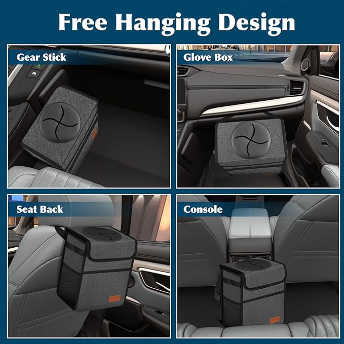 Leak Proof Car Trash Bag Waterproof Garbage Can with Lid for SUV Front Seat Multipurpose Car Hanging for Headrest Collapsible and Portable with Storage Mesh Pocket, Charcoal Gray