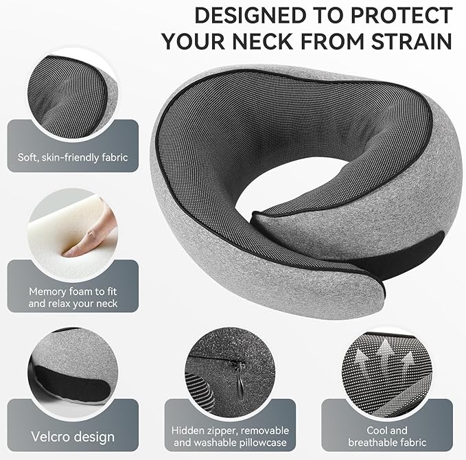 SZXYX Travel Pillows - 100% Pure Memory Foam Neck Pillow for Airplanes, Comfortable Breathable Cover, 360° Support Stowable Pillows for Sleeping, Car, Airport Travel Essentials Dark Grey