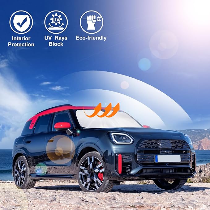 Windshield Sun Shade Custom Fit for 2017-2024 2025 2026 Mini Countryman Cooper F60 SUV Accessories Foldable Sunshade Sun Blocker Protect Car from Sun Rays & Heat Damage Keep Car Cooler