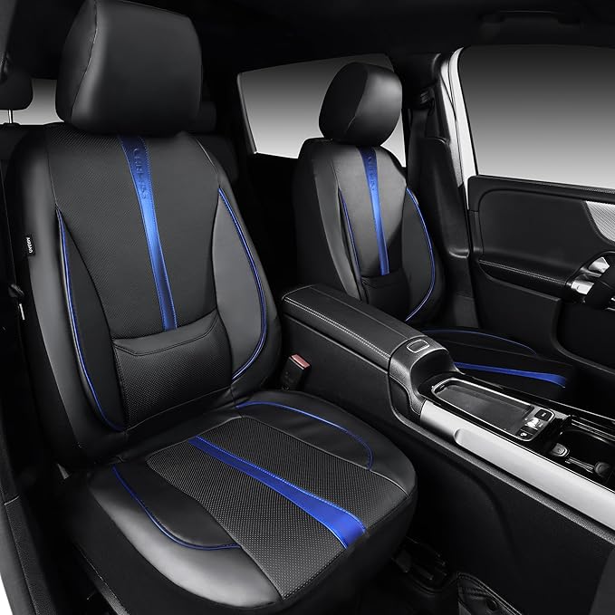 CAR PASS Nappa Leather Two Front Car Seat Covers, Water Resistant Faux PU Leather Seat Covers, 3D Foam Support Automotive Seat Covers Comfortable & Durable Universal Fit for Cars SUV Truck, Black Blue