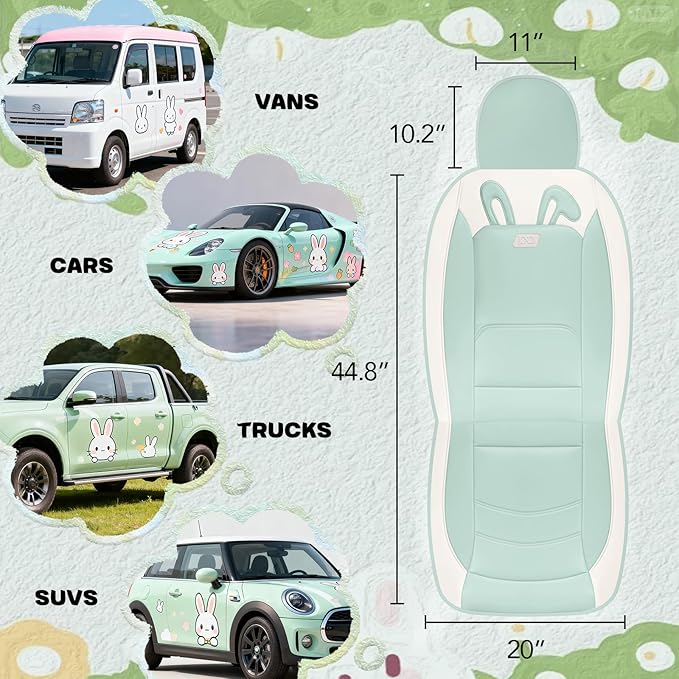 PIC AUTO Car Seat Covers, Cute Rabbit Premium Green Leather Seat Covers, Universal Fit Front Seat Covers for Cars, Trucks, SUVs, Soft & Wear-Resistant Auto Interior Protection with Airbag-Compatible