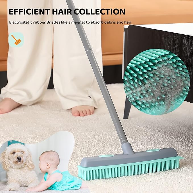 Conliwell Rubber Broom Carpet Rake for Pet Hair, Fur Remover Broom with Squeegee, Portable Detailing Lint Remover Brush (Iron Handle)