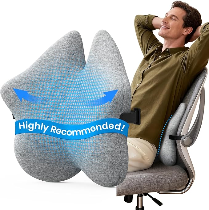 Benazcap Memory Foam Lumbar Pillow, Chair Lower Back Pain Relief Lumbar Pillow, Lumbar Support Pillow for Office, Ergonomic Design Back Support Pillow for Office Chair, Car, Home, LightGray