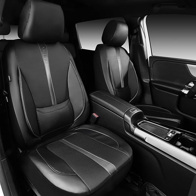 CAR PASS Nappa Leather Seat Covers Front, 3D Foam Support Water Resistant Faux PU Gray Leather Car Seat Covers 2 Pcs, Comfort & Universal Fit for Cars SUV Truck Most Vehicles (Black and Gray)