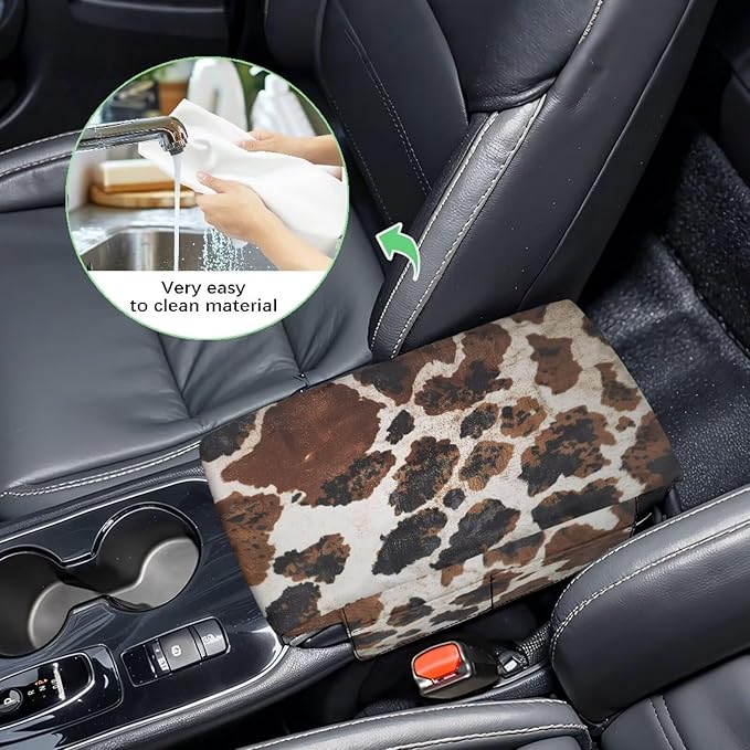 Wanyint Brown Black Cow Print Car Center Console Pad Soft Armrest Cover Protector with Pockets Storage Bag Scratch Resistant Arm Rest Covering Middle Console Pad Auto Decoration